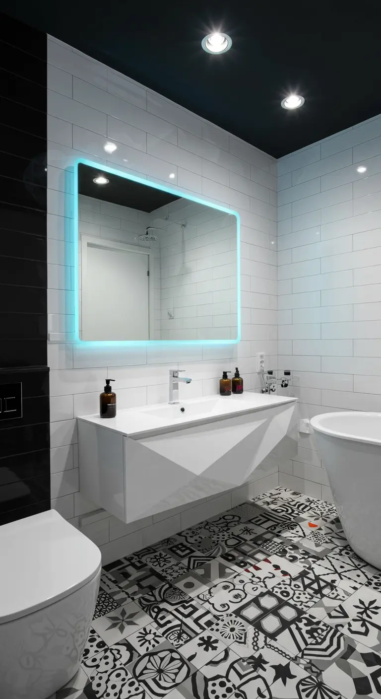 Moderne badkamer met een rechthoekige spiegel met afgeronde hoeken en blauwe LED-verlichting.