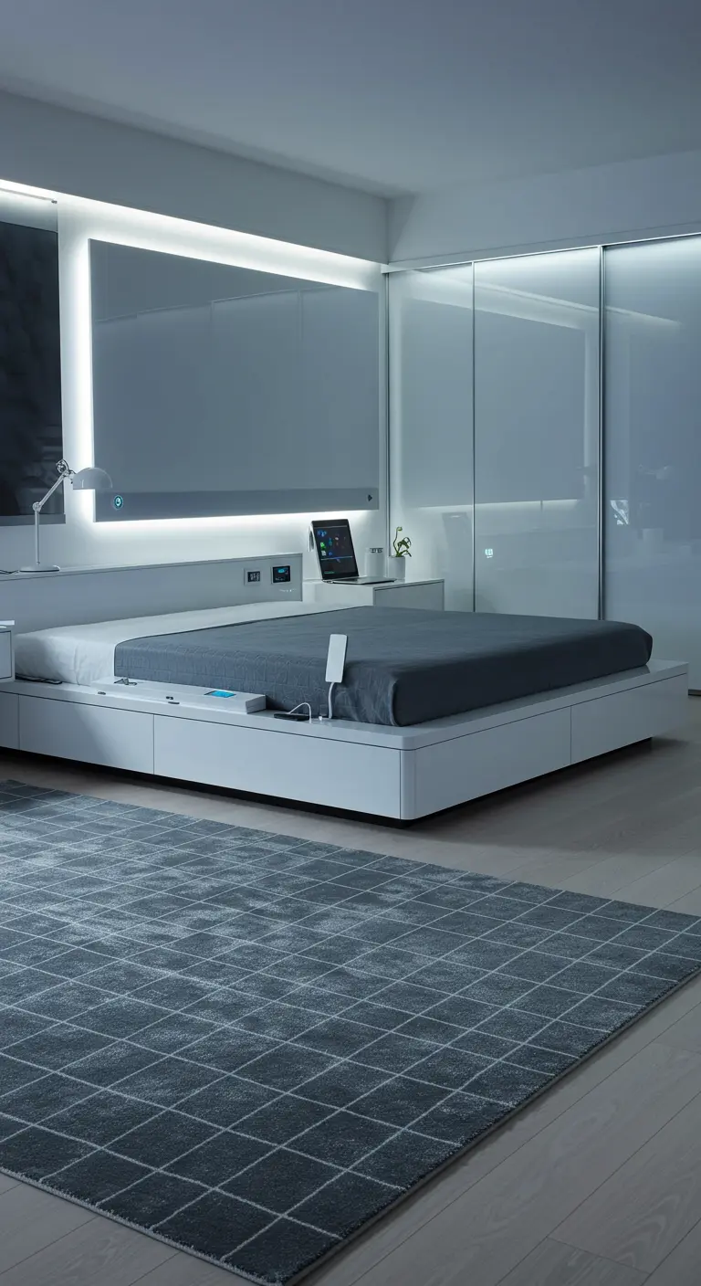 Moderne, minimalistische slaapkamer met een grijs vloerkleed met een subtiel ruitpatroon.
