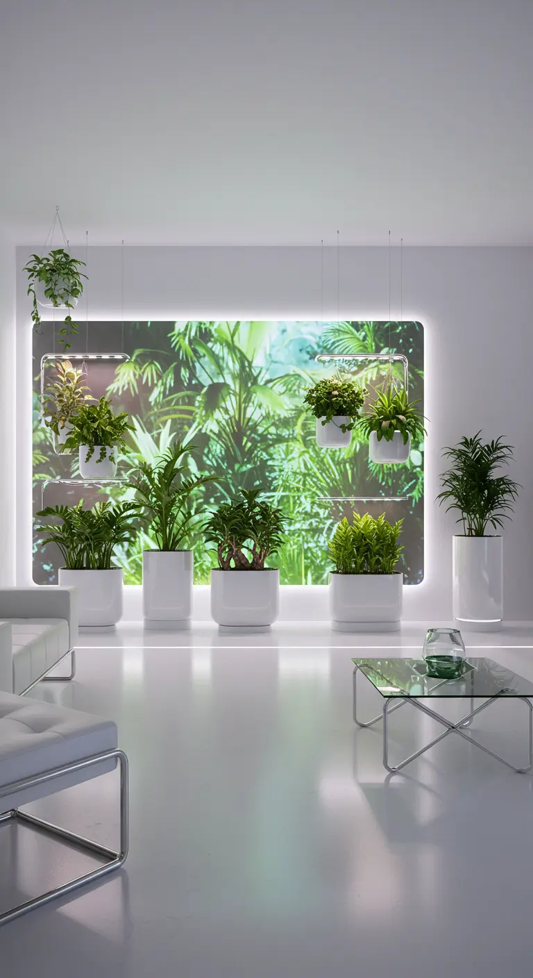 Futuristische witte woonkamer met lichtpaneel met jungleprint en planten in witte potten.