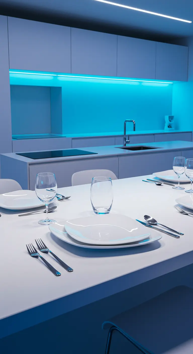 Futuristische witte keuken met blauwe LED-verlichting en wit, strak servies.