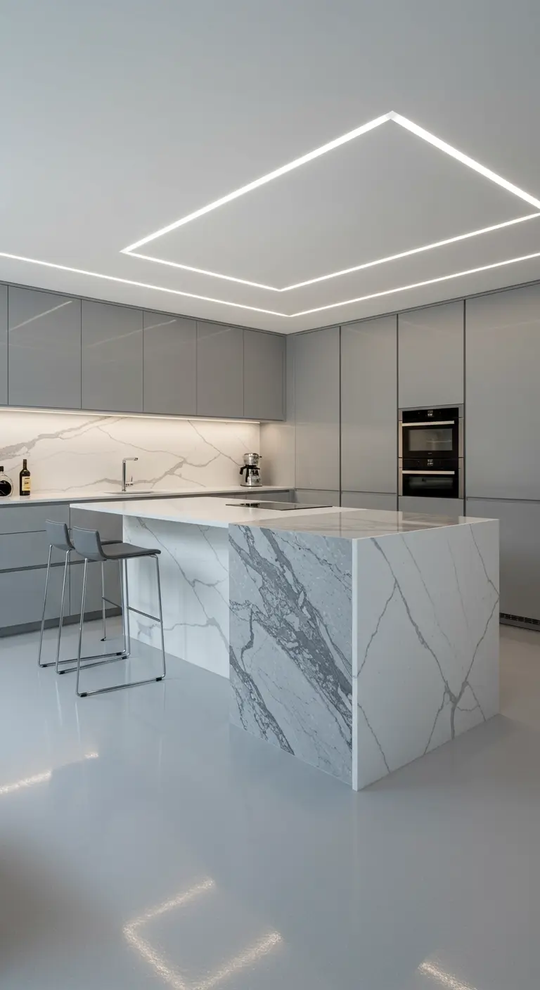 Moderne grijze hoogglans keuken met wit marmeren eiland en achterwand, verlicht door strakke LED-lijnen.