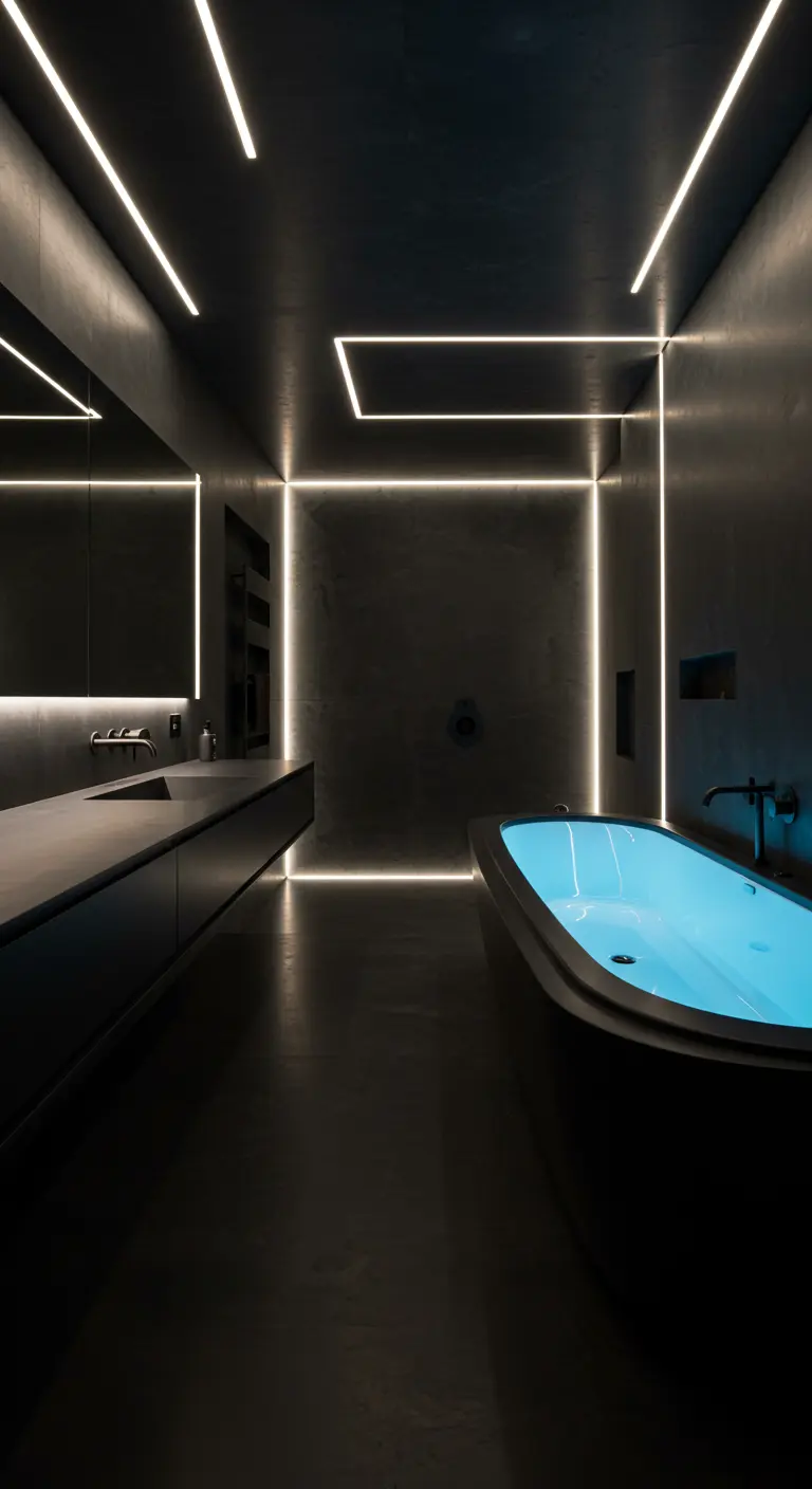 Donkere badkamer met geometrische witte LED-lijnen en een blauw verlicht bad.