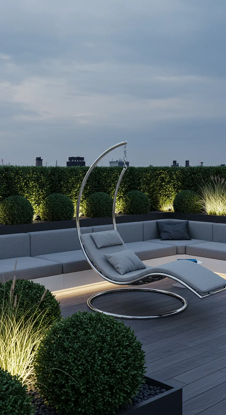 Moderne chromen lounge hangstoel op een dakterras met grijze kussens en sfeerverlichting.