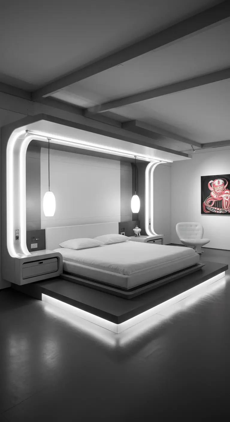 Futuristisch zwart-wit slaapkamerontwerp met geïntegreerde LED-verlichting en zwevend bed.