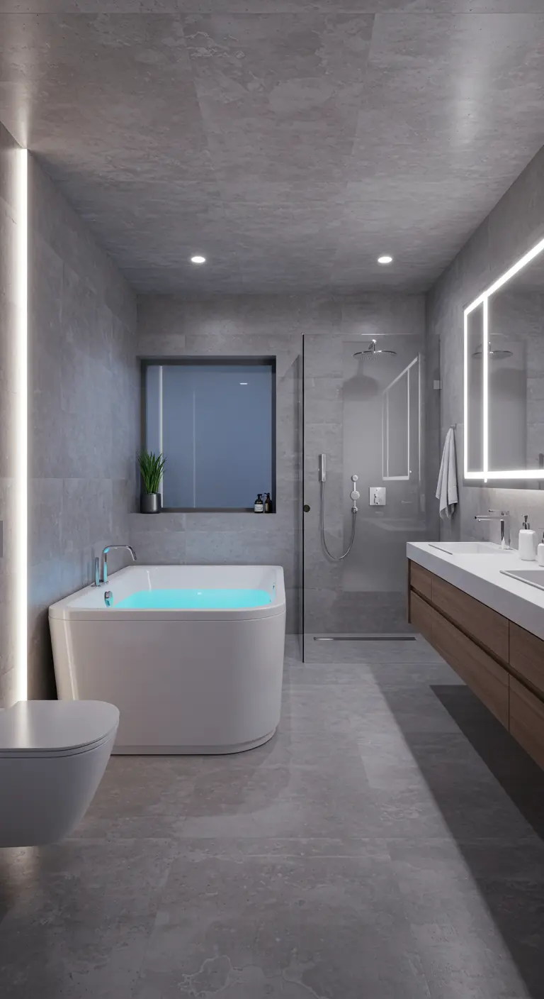 Moderne grijze badkamer met betonlook tegels, bad met interne blauwe verlichting en strak meubilair.