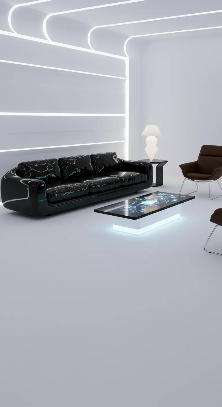 Futuristische witte woonkamer met geïntegreerde lichtlijnen en een organisch gevormde zwarte bank.