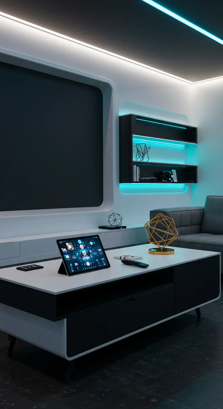 Moderne witte salontafel met ingebouwde tablet en geometrische decoratie in een futuristisch interieur.