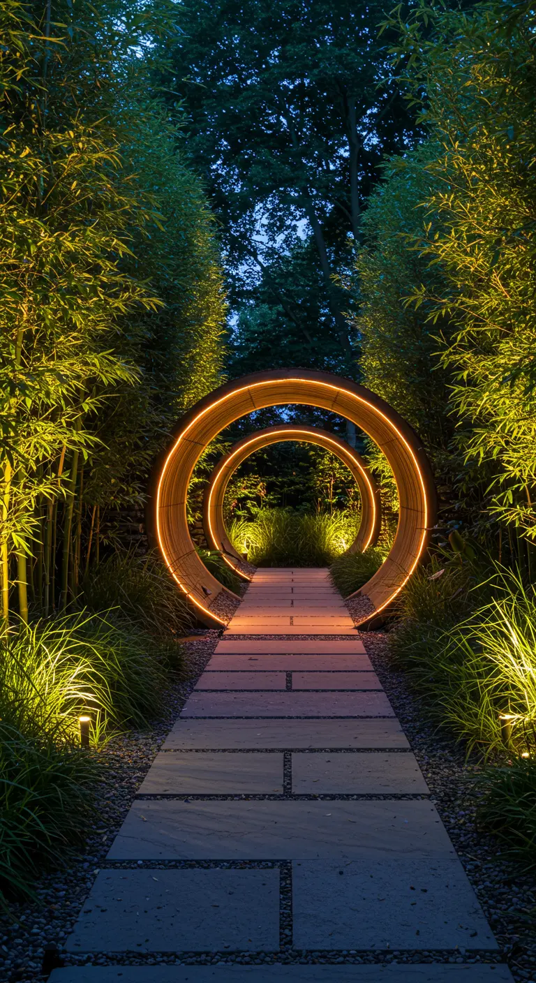 Tuinpad 's avonds met grote, verlichte cirkelvormige houten structuren als poorten.