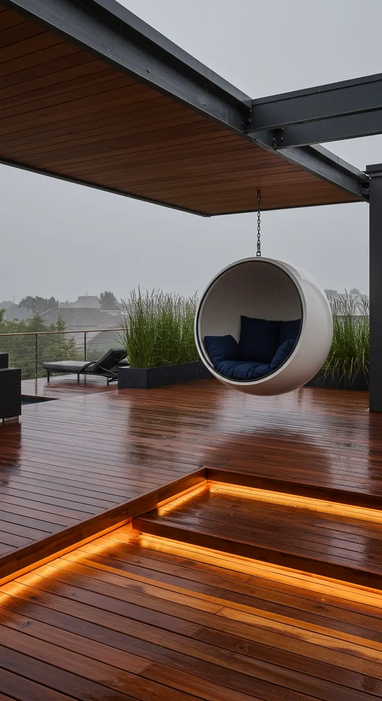 Witte bolvormige hangstoel onder een moderne overkapping op een houten dakterras met LED-verlichting.