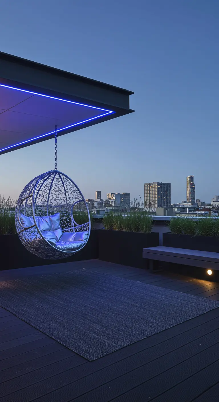Zilveren metalen hangstoel op een modern dakterras met donker kleed en blauwe LED-verlichting.