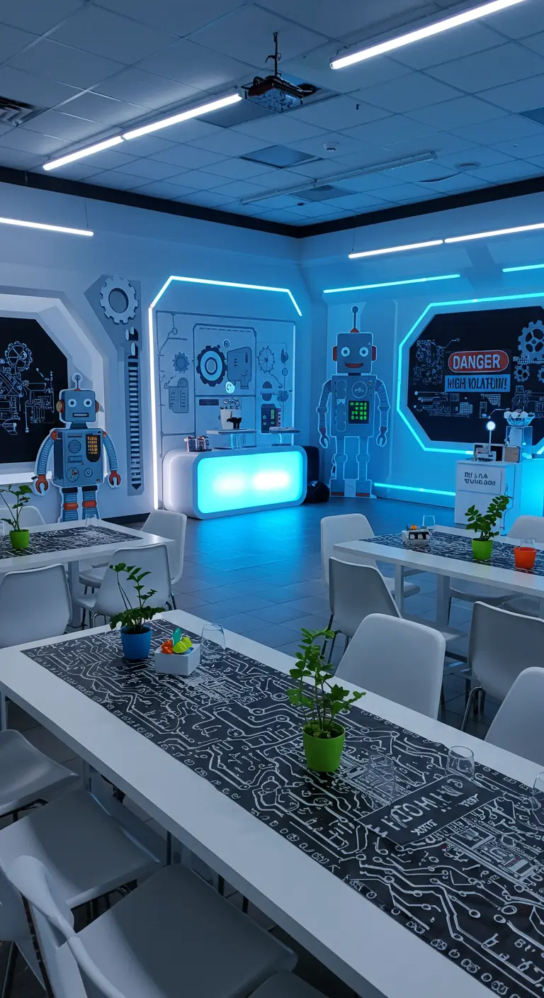 Robot thema kinderverjaardag met blauwe neonlichten en robots.