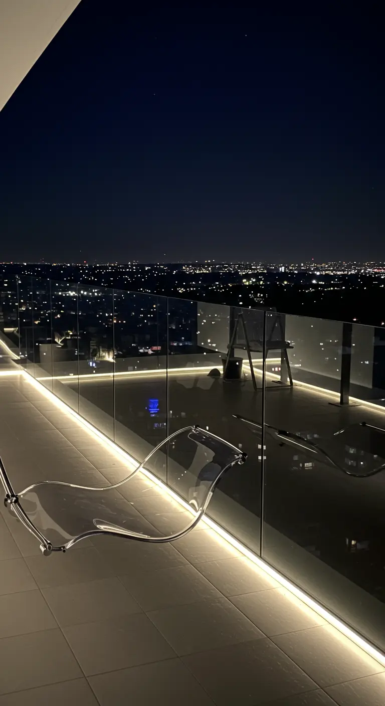 Transparant golvend hangend ligbed met LED-lichtlijnen op modern balkon met stadszicht 's nachts.