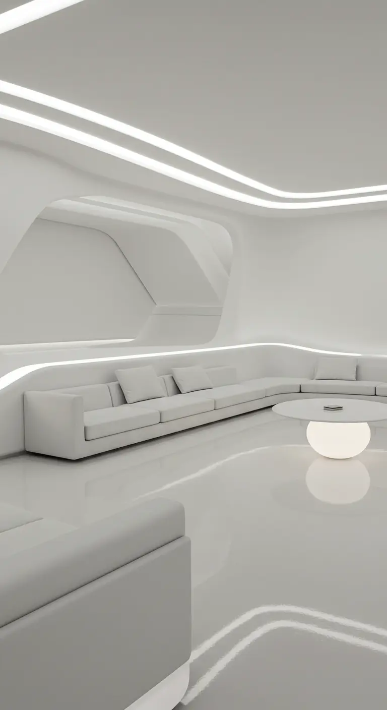 Futuristische witte woonkamer met gebogen ingebouwde banken en ronde lichtelementen.