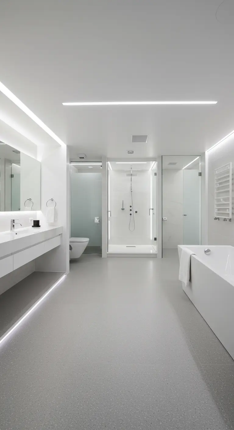 Volledig witte, moderne badkamer met geïntegreerde LED-lichtlijnen en glazen douchewand.