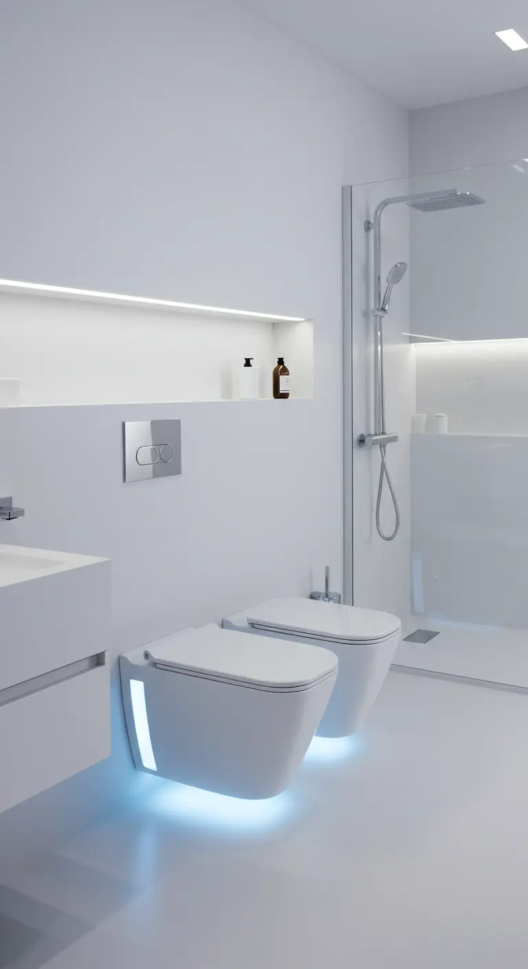 Witte minimalistische badkamer met twee zwevende toiletten met blauwe LED-verlichting.