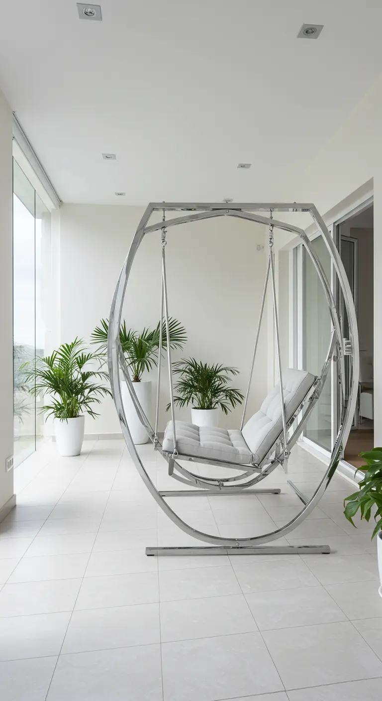 Chromen geometrische schommelstoel met witte kussens op een modern balkon met palmen.