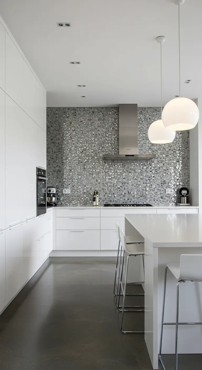 Moderne witte keuken met glanzende zilveren mozaïektegels als backsplash en strakke hanglampen.