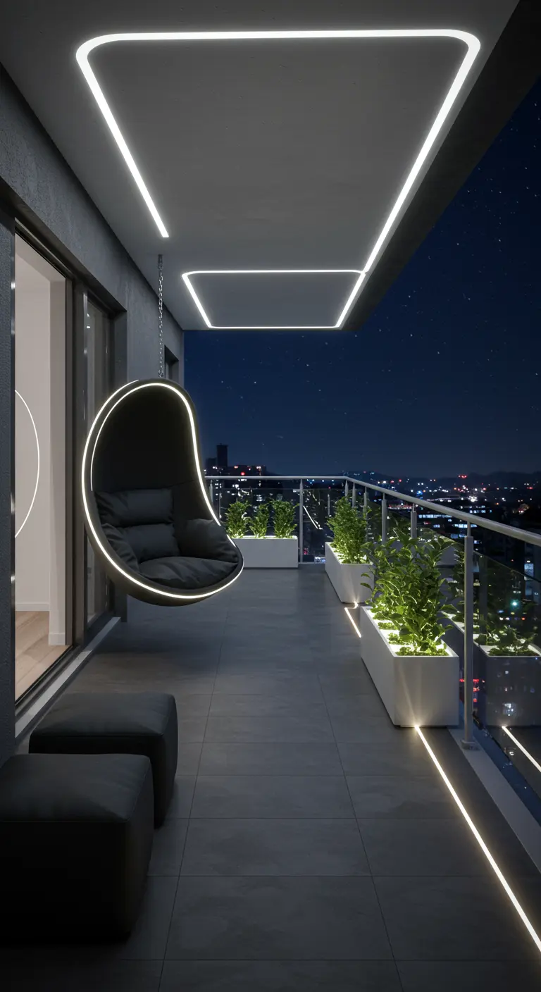 Modern balkon met zwarte hangstoel, strakke LED-verlichting en uitzicht op de stad.