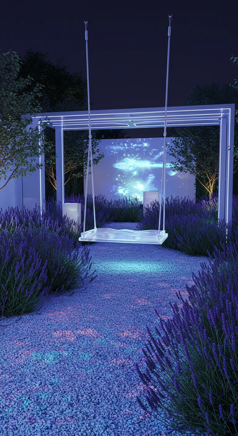 Transparante schommelbank met blauw licht, in moderne tuin met gloeiend wit frame en lavendel.