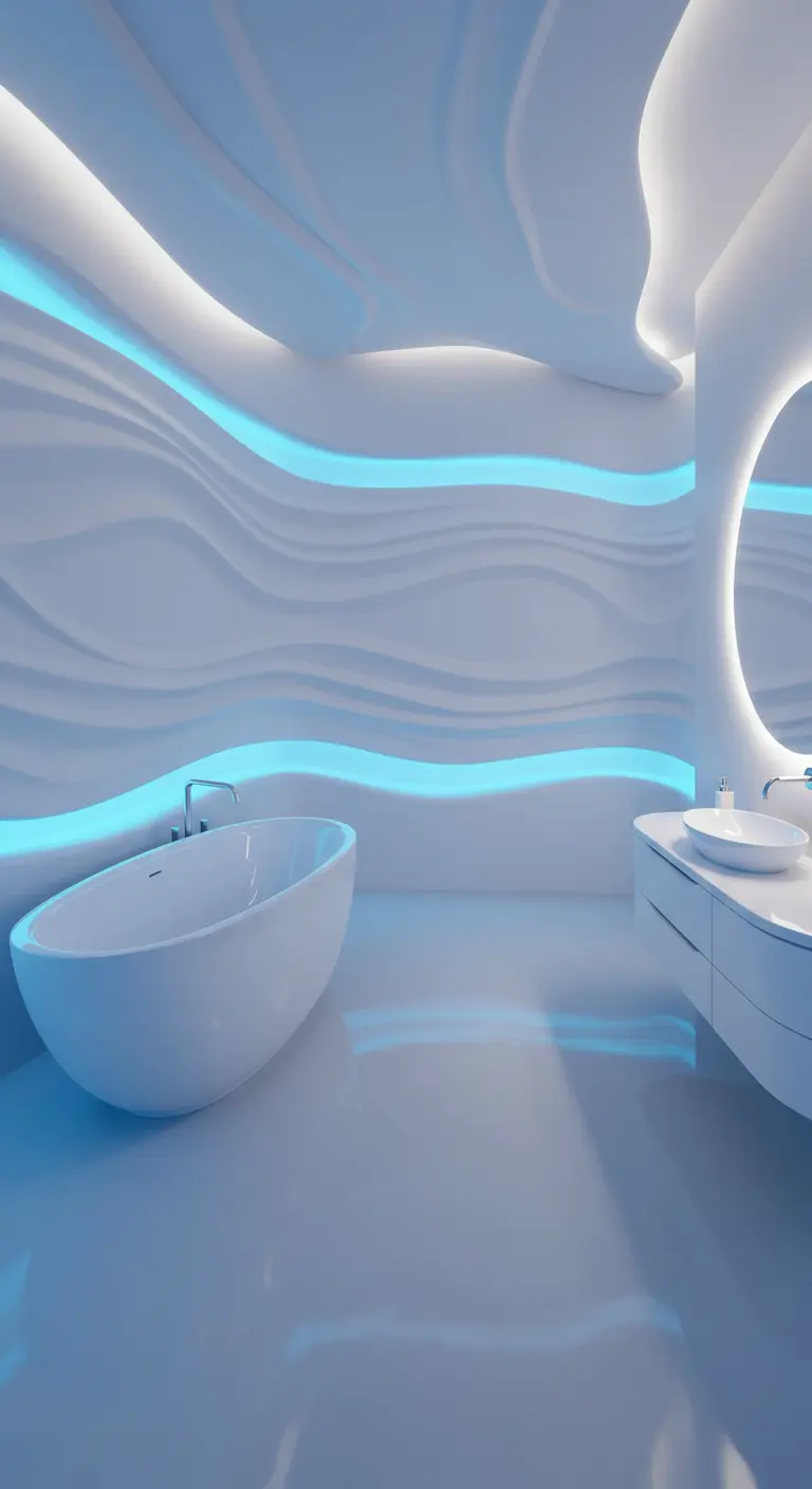 Futuristische badkamer met gebeeldhouwde witte golven op de muren en blauwe LED-verlichting.
