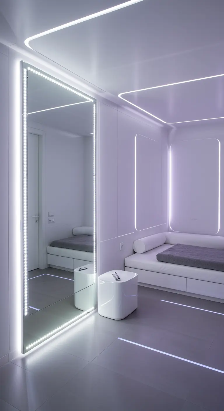 Hoge, strakke passpiegel met heldere LED-verlichting eromheen in een moderne, witte ruimte.
