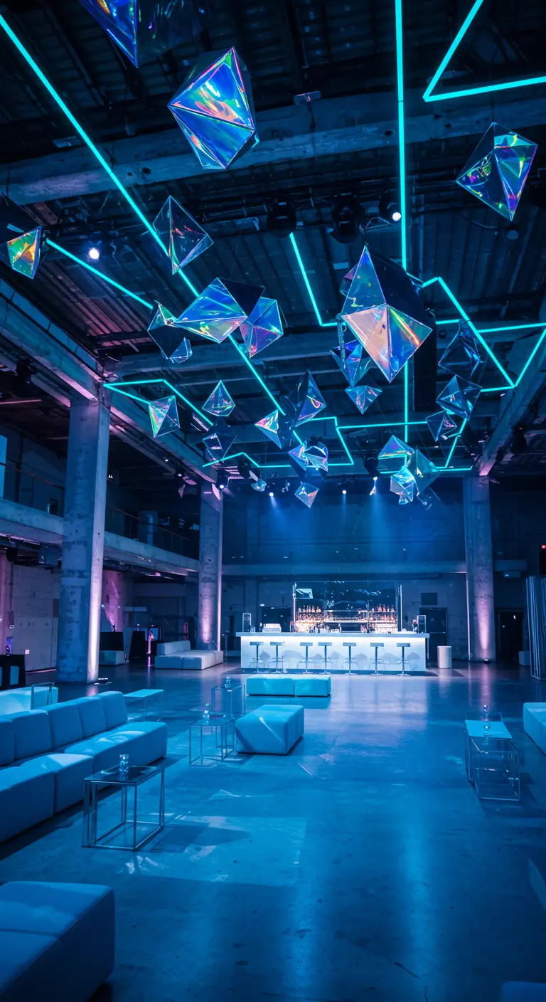 Moderne evenementenhal met geometrische, iriserende vormen die aan het plafond hangen.
