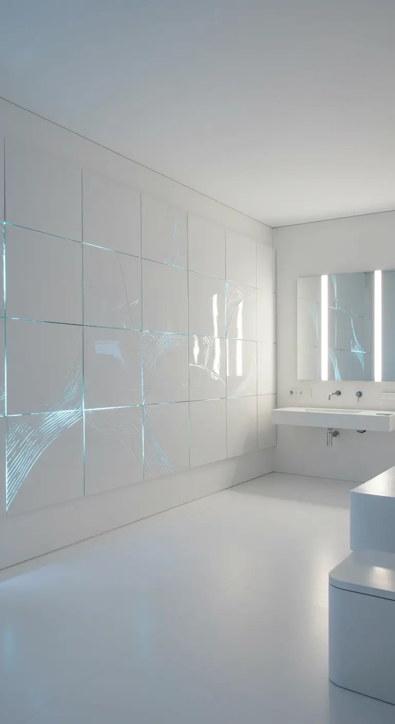 Futuristische witte badkamer met grote tegels en ingebouwde blauwe LED-lichtlijnen die een geometrisch patroon vormen.