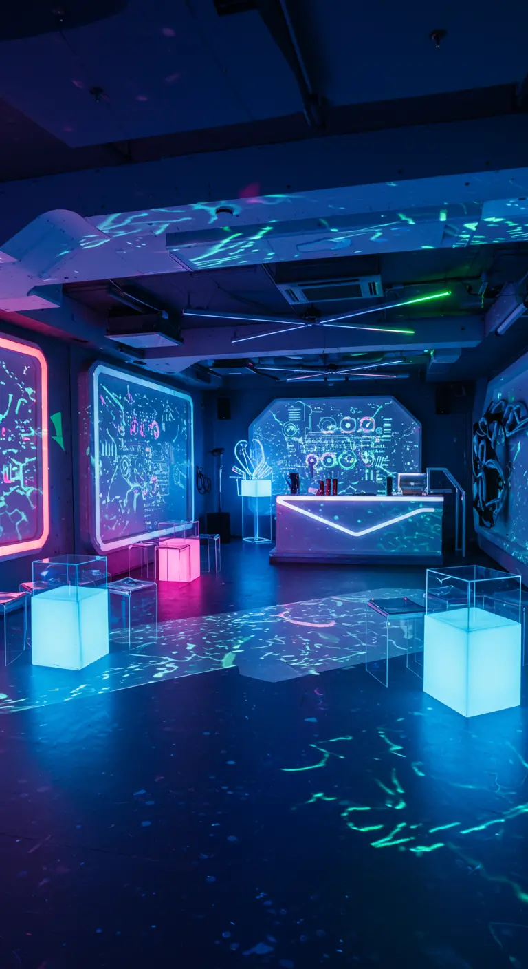 Donkere ruimte met neonblauwe en roze lichteffecten, lichtgevende kubussen en bar.