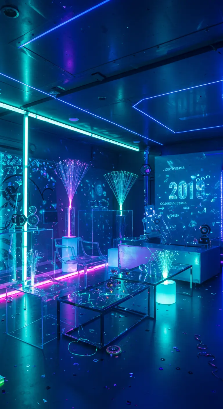 Futuristische feestruimte met blauwe en roze neonverlichting en transparante meubels.