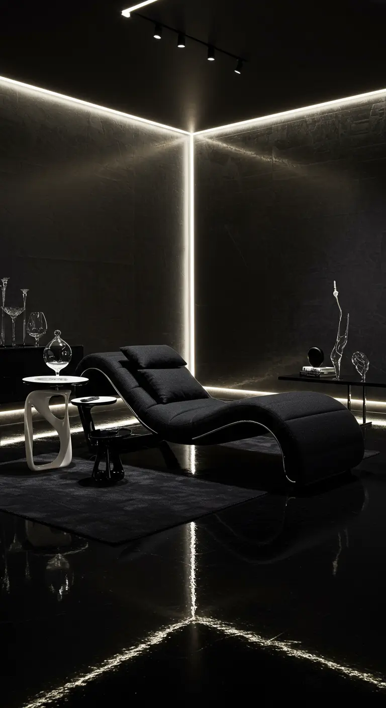 Futuristische woonkamer met volledig zwarte inrichting en neon lichtlijnen op muren en plafond.