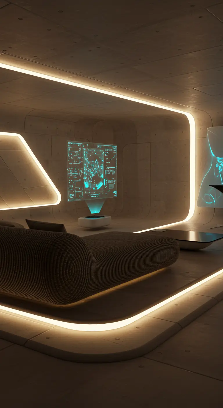 Futuristische woonkamer met LED-verlichting, gebogen meubels en holografisch display.