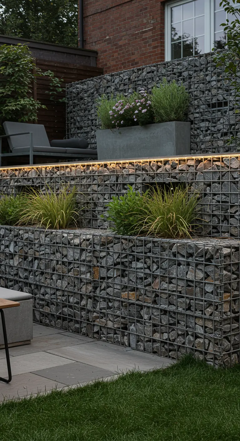 Gelaagde gabionenwand gevuld met stenen en geïntegreerde plantenbakken met verlichting.