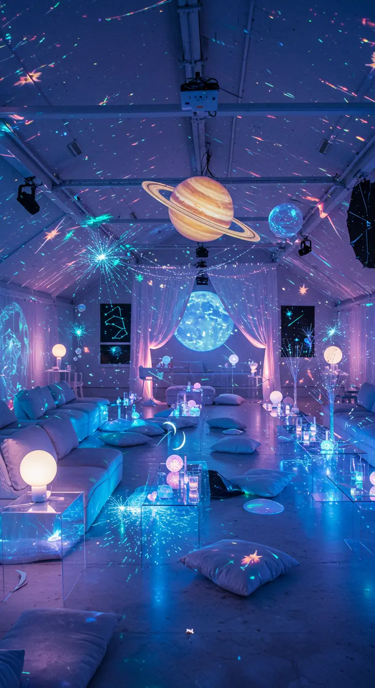 Grote ruimte met blauwe neonverlichting, planetenprojecties en transparante meubels.