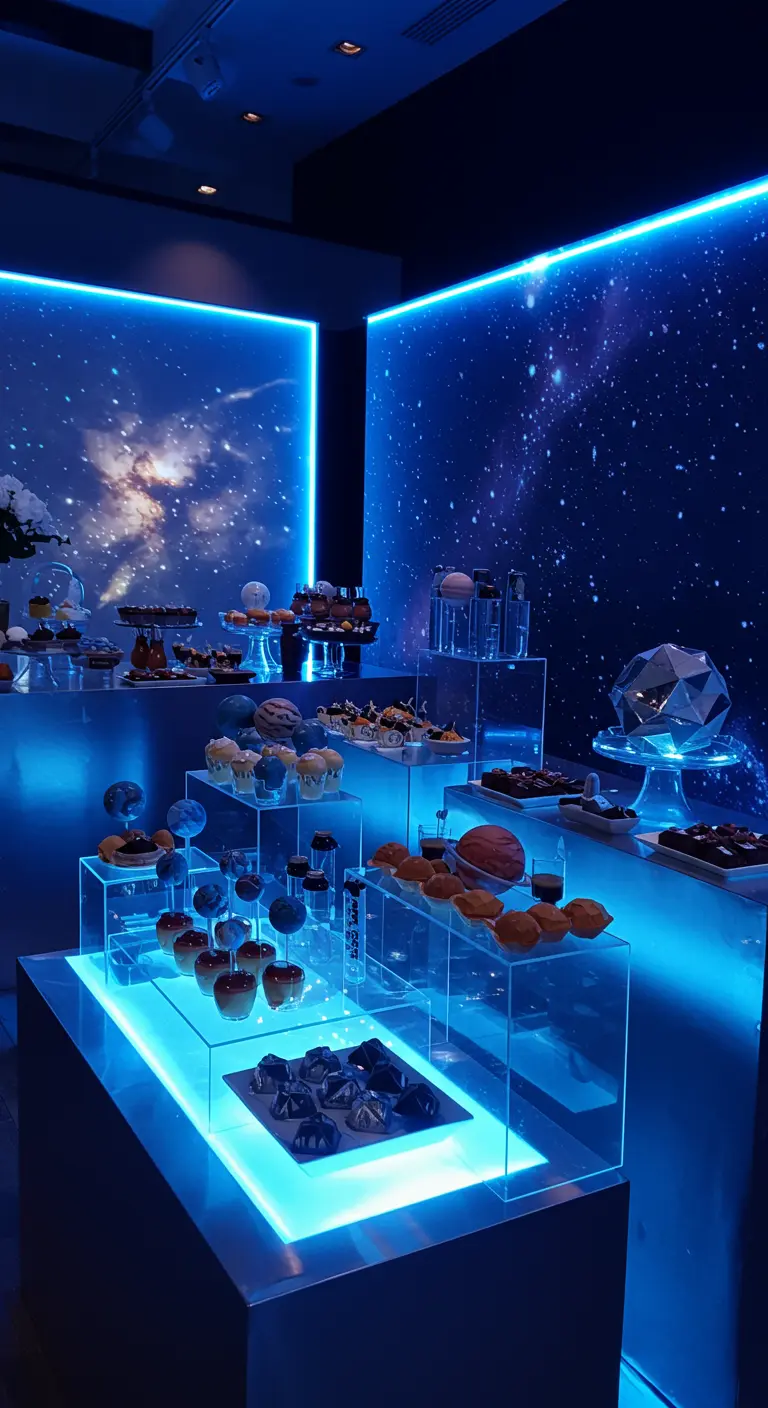 Ruimte thema desserttafel met blauwe LED-verlichting, planeten en sterren.
