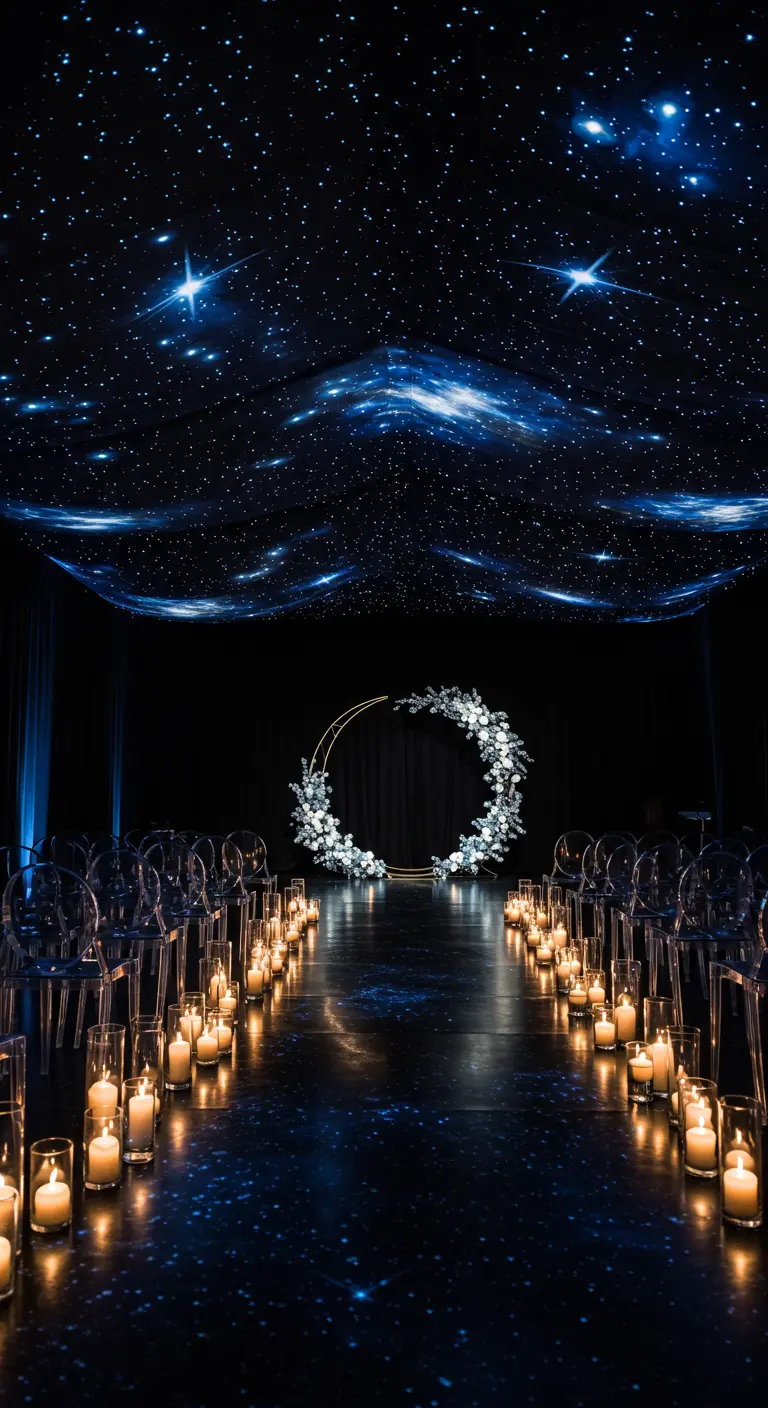 Ceremonie met sterrenhemelprojectie, ronde bloemenboog en veel kaarslicht.