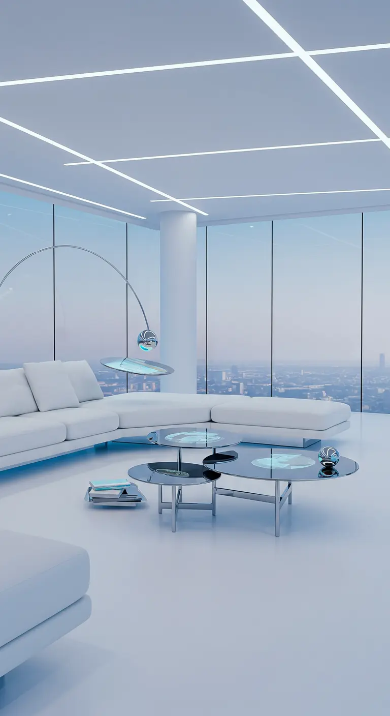 Groep futuristische bijzettafels met organische vormen, glas en chroom.