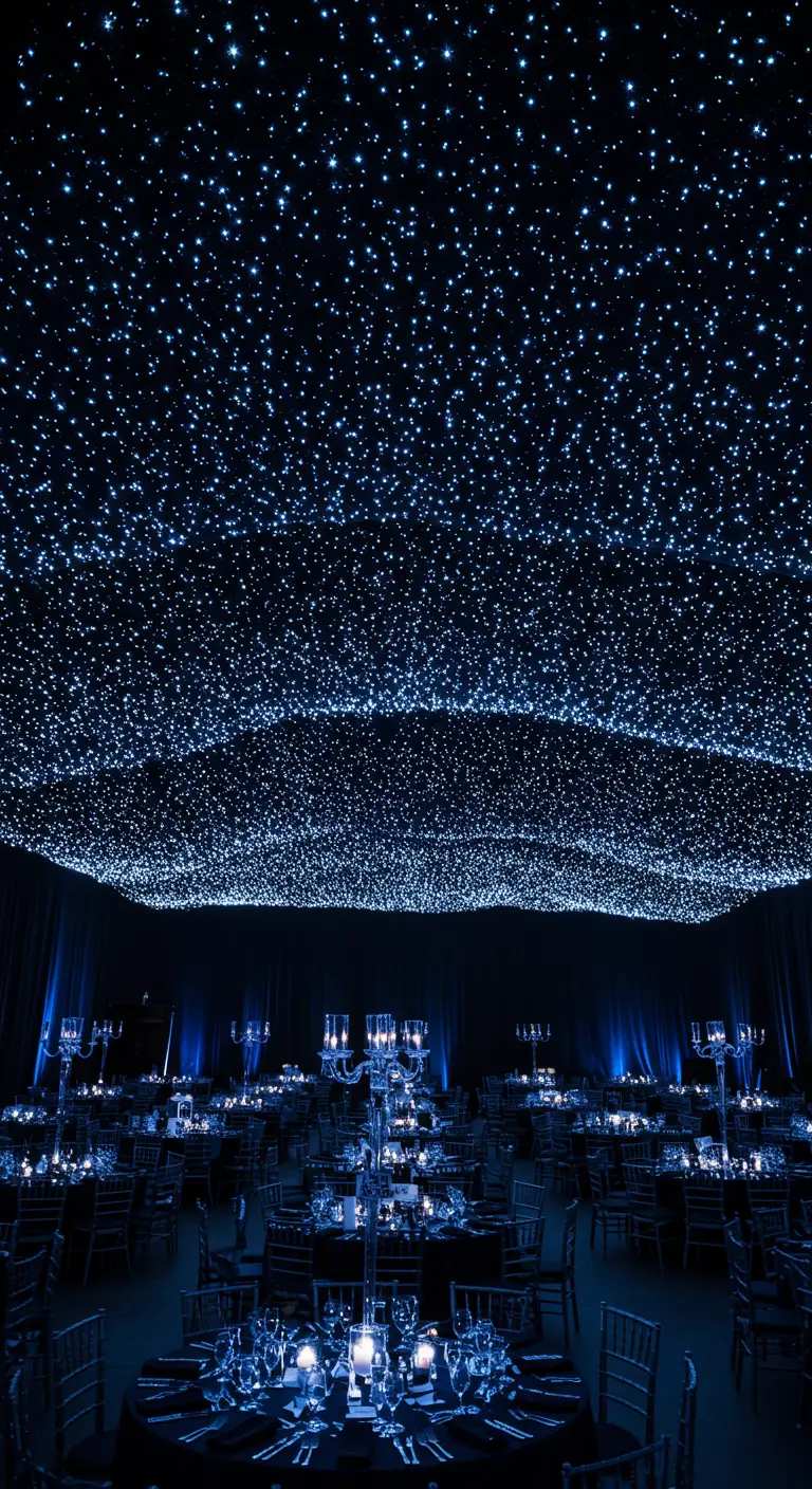 Grote feestzaal met een plafond vol kleine blauwe lichtjes, als een sterrenhemel.
