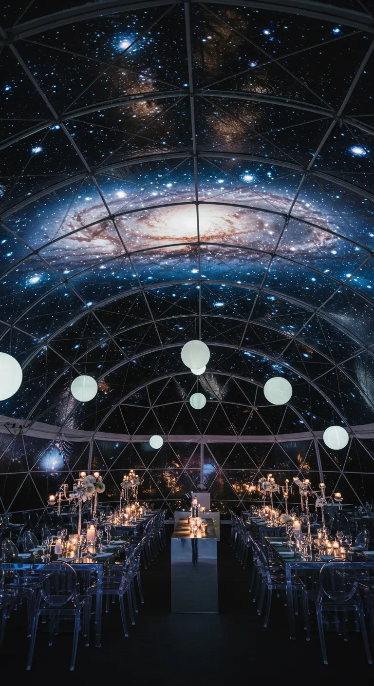 Koepeltent met melkweg projectie op het plafond, witte ballonnen en glazen kandelabers.