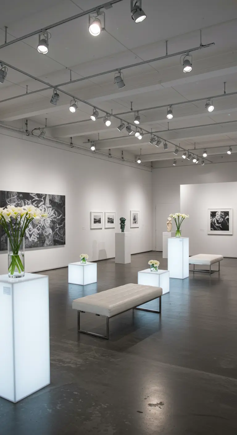 Moderne, witte ruimte met verlichte sokkels en spots, galerie-stijl.