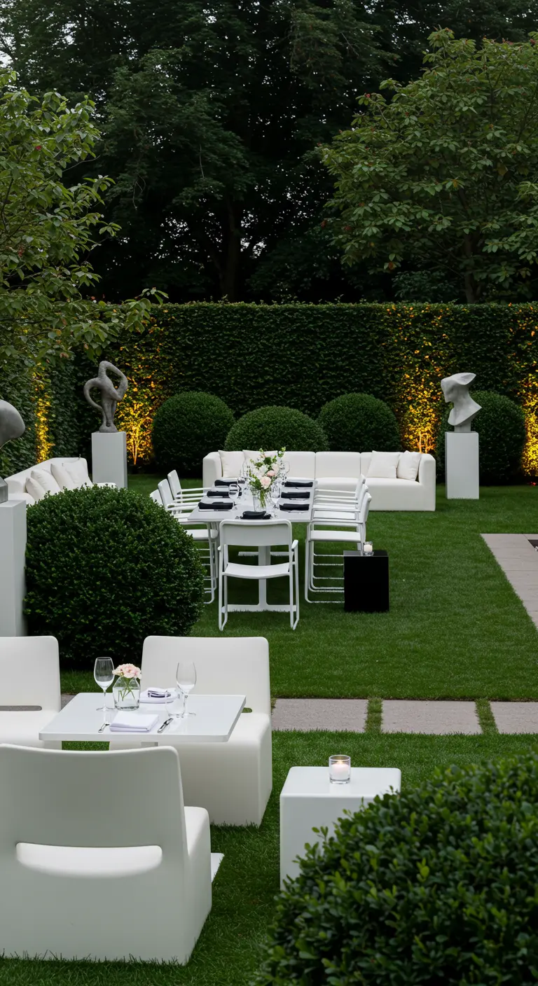 Moderne tuin met witte designmeubels, sculpturen en spotlights op perfect gazon.