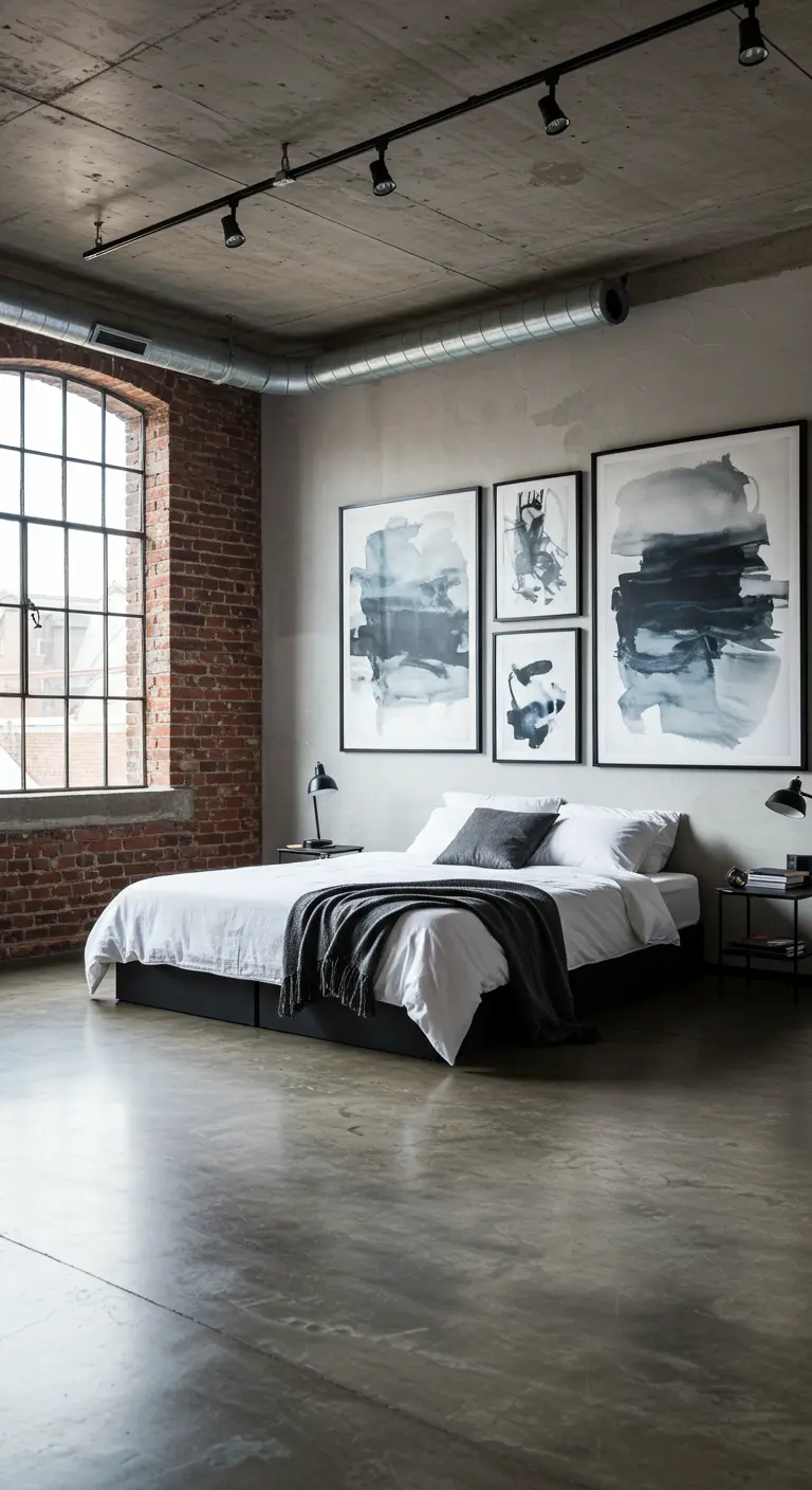 Industriële slaapkamer met abstracte kunstwerken boven bed zonder hoofdbord.