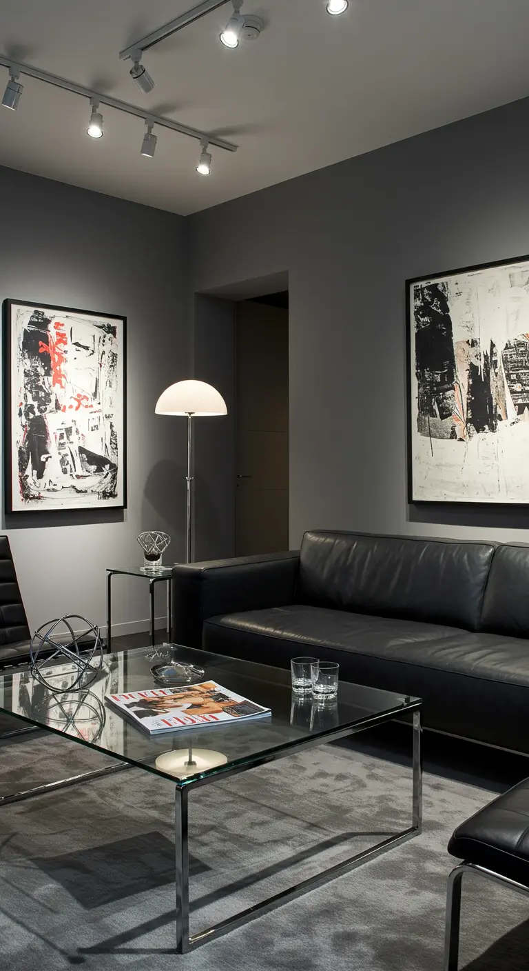Glazen salontafel met kunstboek en glazen in een moderne woonkamer met grote kunstwerken.