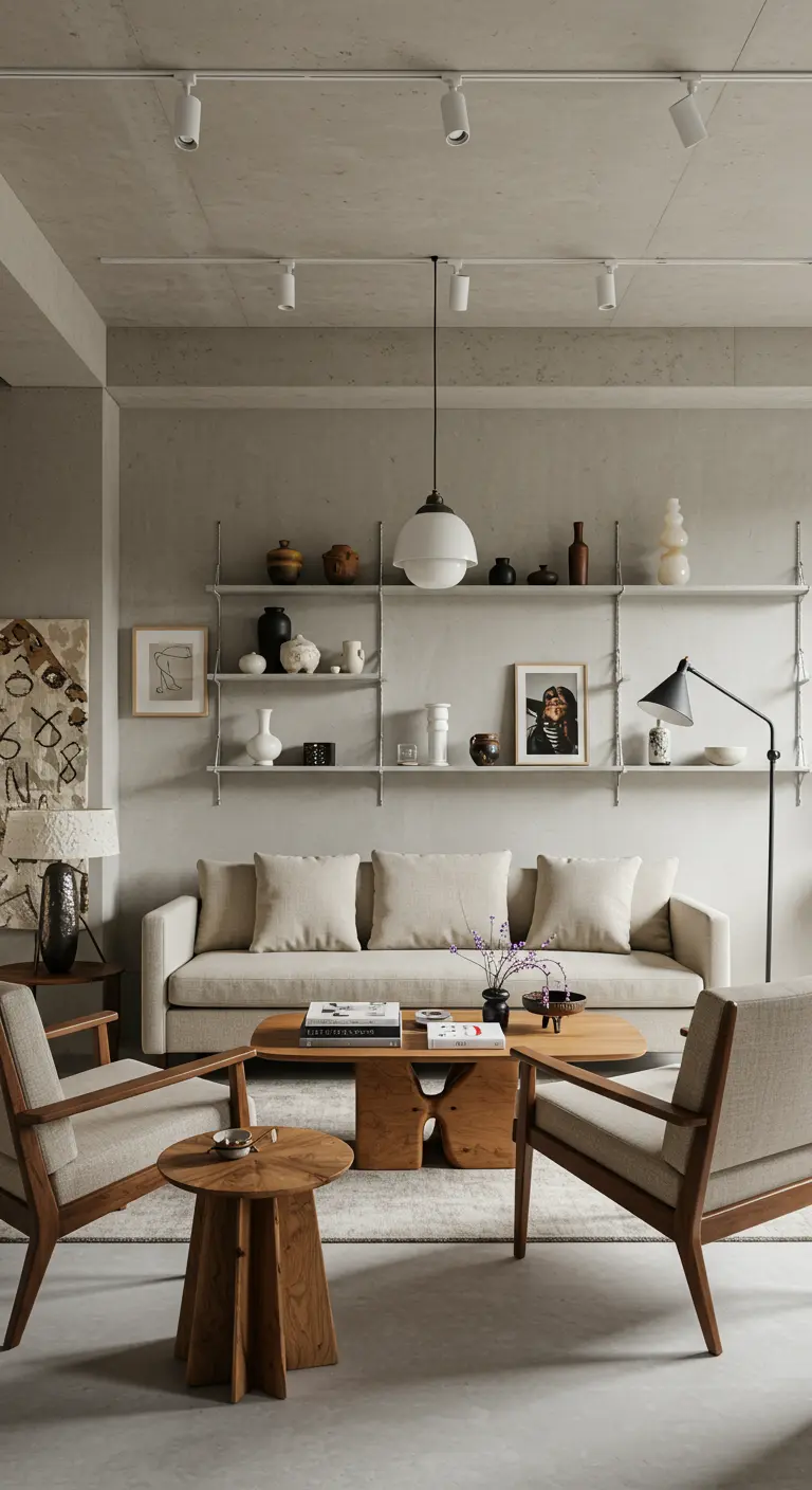 Minimalistische woonkamer met open stellages vol kunst en objecten, betonnen muren.