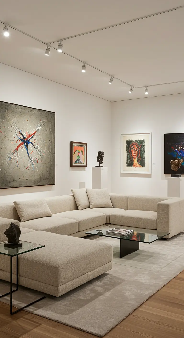 Lichte hoekbank in een woonkamer met diverse kunstwerken aan de muur en spotverlichting.