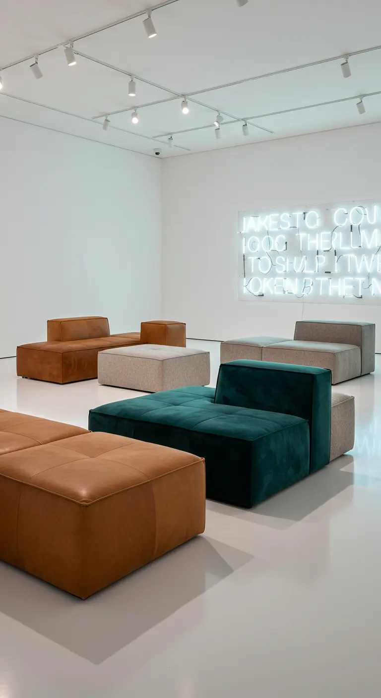 Modulaire lage zitbanken in cognac leer, beige stof, petrol fluweel, witte galerie-achtige ruimte.