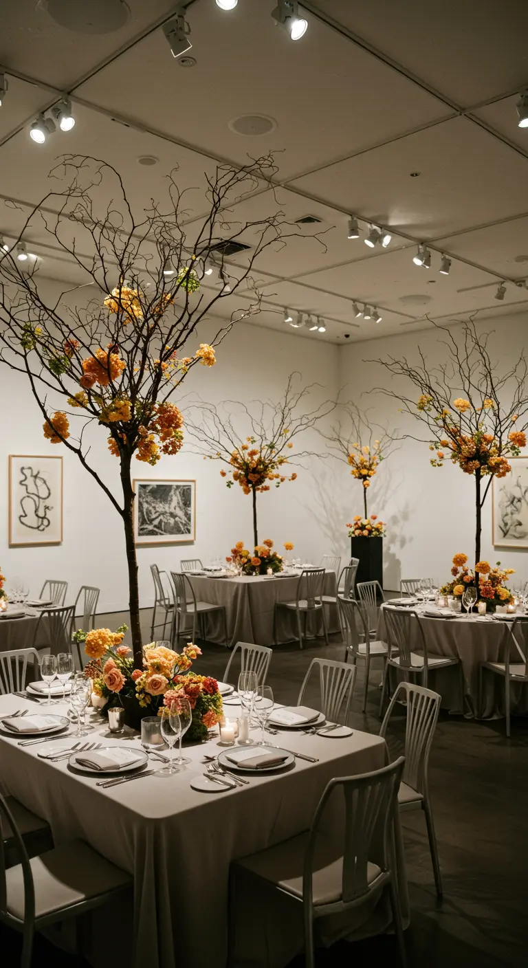 Receptie in kunstgalerie met hoge, boomachtige bloemstukken op tafels.