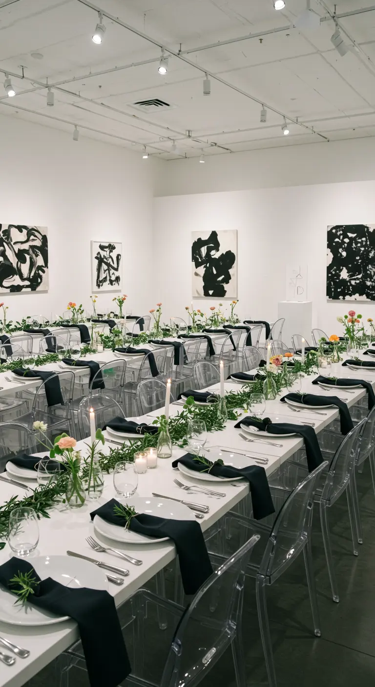 Moderne bruiloftsreceptie in kunstgalerie met lange witte tafels, zwarte servetten en groene guirlandes.
