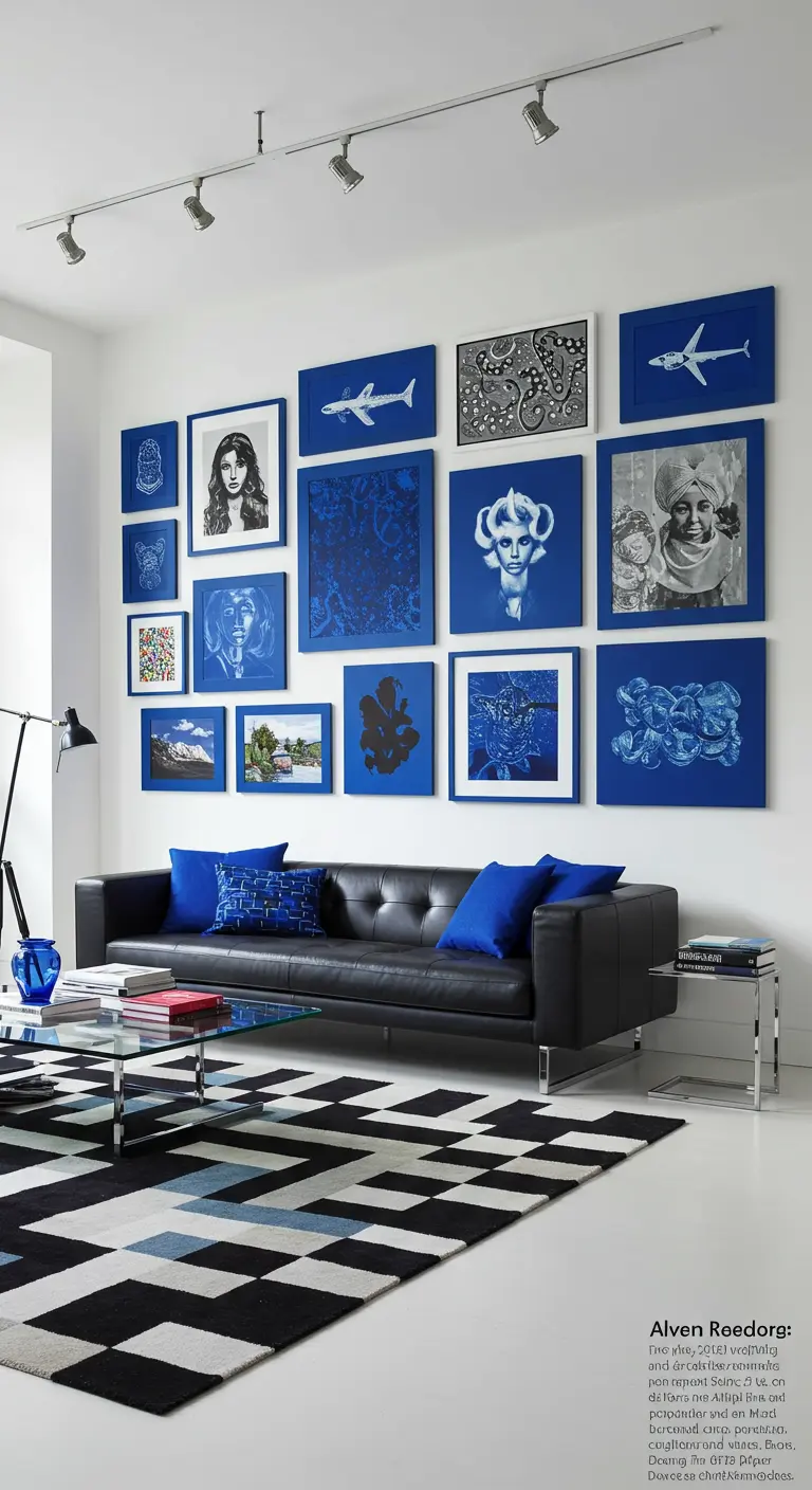 Witte woonkamer met grote galeriewand van blauw ingelijste kunstwerken.