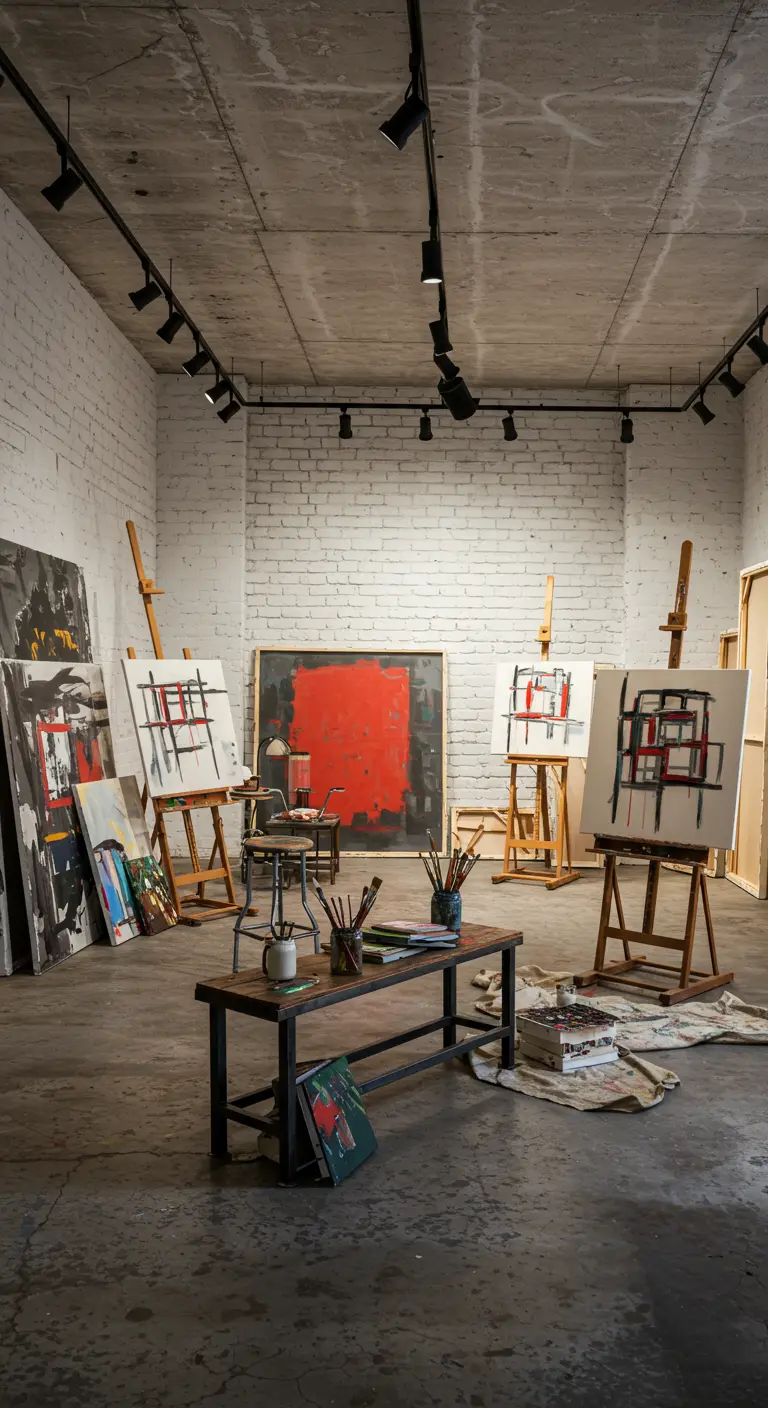 Ruime, lichte woonkamer ingericht als kunstgalerie met schilderijen op ezels.
