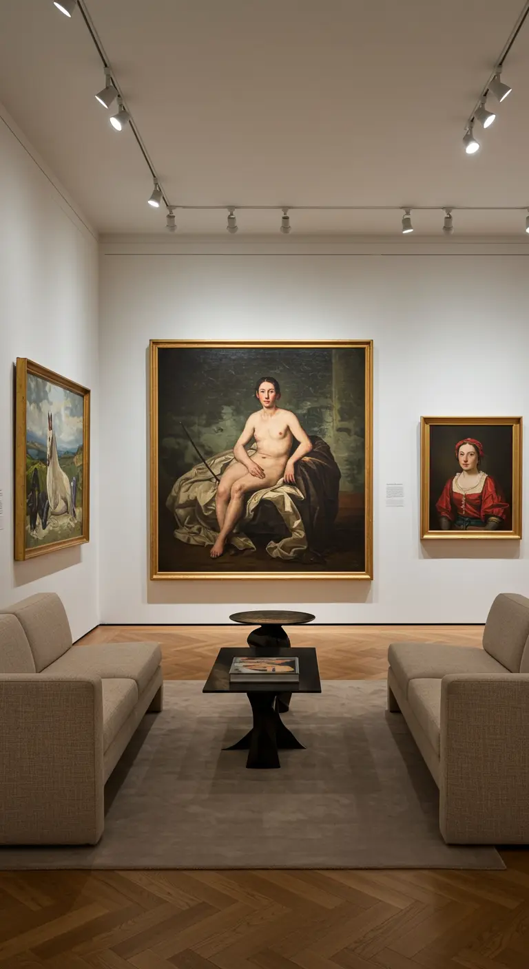 Moderne zithoek met twee banken tegenover elkaar, gericht op kunstwerken.